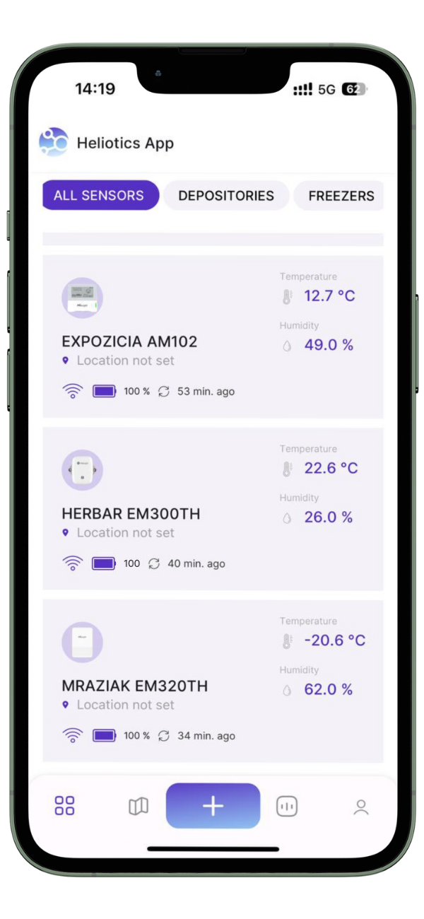 heliotics app list of sensors preview